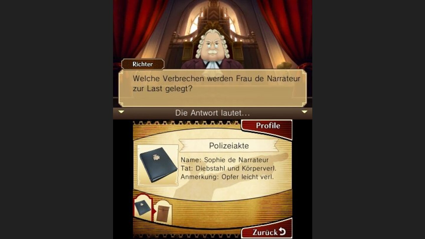 Professor Layton vs. Phoenix WrightVor Gericht kann der Spieler dann mit dem Stylus in der Gerichtsakte herumblättern.