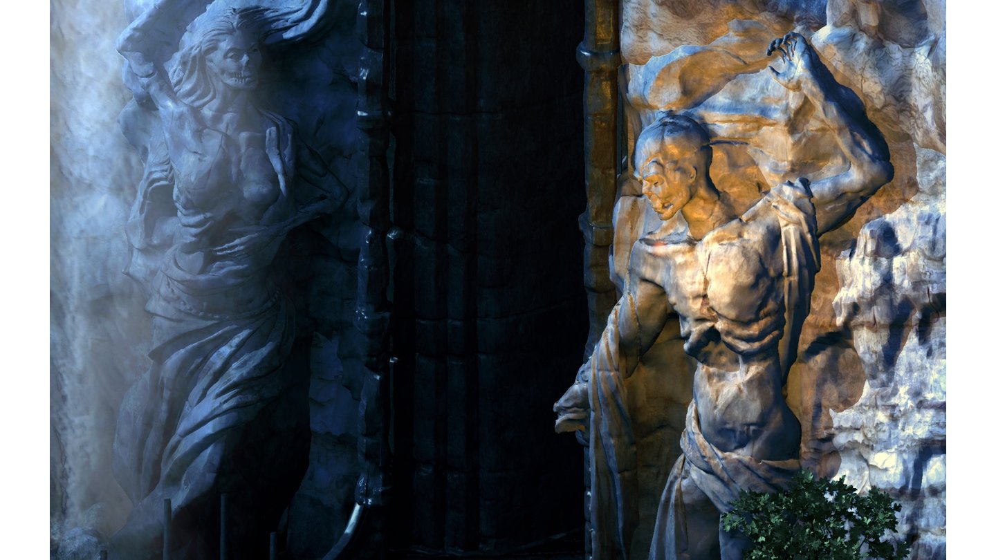 Project EternityUm eine der beiden Statuen schwebt eine Lichtkugel – man beachte den detaillierten Schattenwurf.