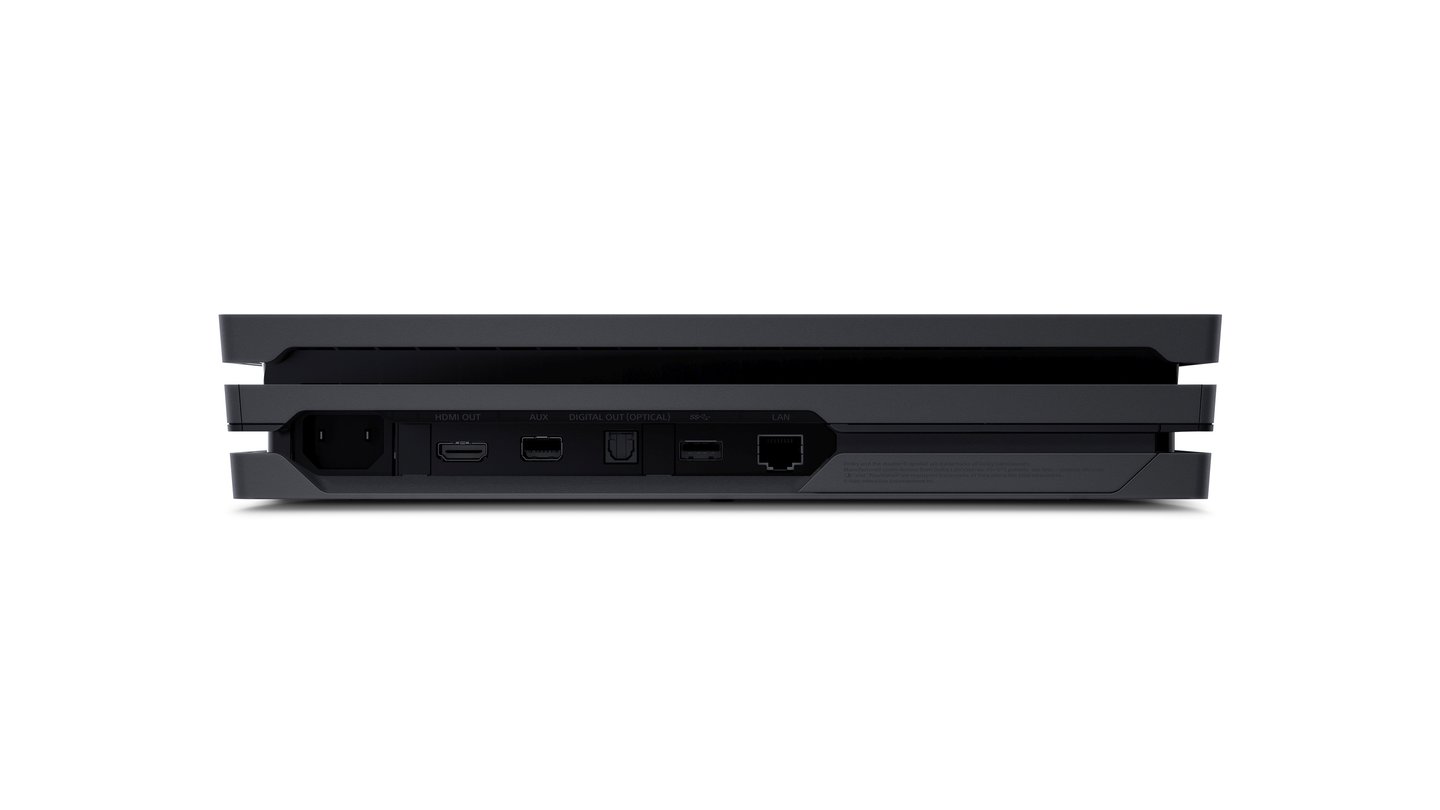 PS4 ProAn der Rückseite findet man die bewährten Anschlüsse, der HDMI-Ausgang erlaubt die Ausgabe von 4K und HDR.