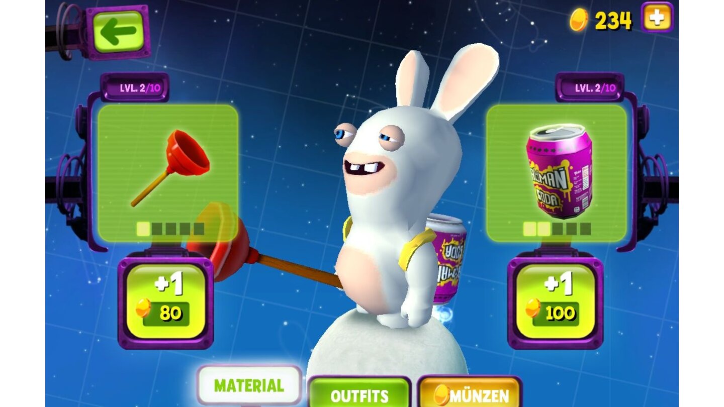 Rabbids Big BangIm Shop können wir sowohl Schläger, als auch Jetpack aufwerten. Mit jeder Stufe hat die Ausrüstung marginal mehr Schub. Sonnenbrillen und andere Ziergegenstände gibts auch.