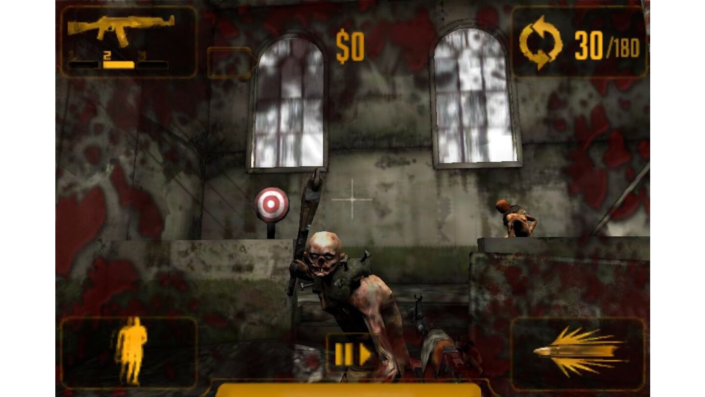 Rage (iPhone)Noch bevor iD´s neuer Hoffnungsträger RAGE auf dem Markt erschienen ist, wurde ein Ableger für das iPhone umgesetzt. Das Spiel hört auf den Namen Mutant Bash TV. Wer jetzt eine deftige Ego-Ballerei mit voller Spielkontrolle erwartet, wird leider enttäuscht sein: Erneut hat iD den einfacheren Weg gewählt und wie schon bei DOOM Resurrection einen Railshooter aus dem Franchise gemacht. Der ist zwar technisch hervorragend produziert, kann aber nicht gerade mit Umfang oder Spielwitz aufwarten. Ihr seid schlicht und einfach Teilnehmer einer Fernsehshow – eben jenes namensgebenden Mutant Bash TV. Euer Job ist einfach: Durchquert möglichst lebendig drei mit Mutanten verseuchte Gebiete und sammelt nebenher noch ordentlich Geld ein. Grundsätzlich ist das Spiel ein solider Railer geworden, es kämpft jedoch mit einem üblen Kameraproblem. RAGE versucht auf dem iPhone konstant, die Blickrichtung zu zentrieren. Das macht den für Ballerspiele ganz dezent wichtigen Zielvorgang zu einer stetigen Konfrontation mit der Bildbewegung. Anders als in anderen Railshootern dürft ihr euch hier nämlich in einem Winkel von 180 Grad umsehen, und da das Vorwärtstempo sehr hoch ist, geratet ihr immer wieder in Konflikt mit der Kamera.