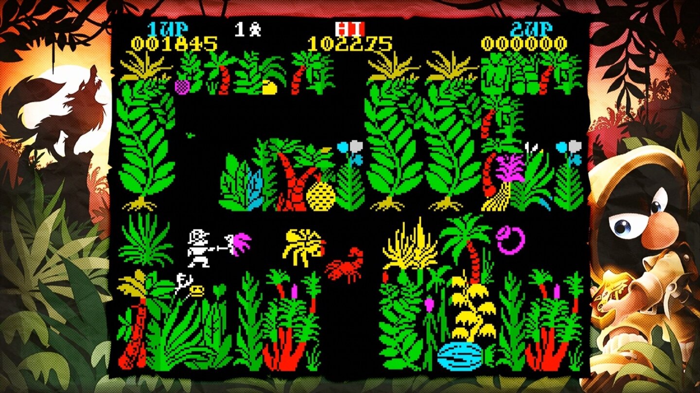 Sabre Wulf (ZX-Spectrum, 1984)
Knallbuntes Dschungel-Abenteuer, in dem Sabreman vier Teile eines Amuletts finden muss. Aus heutiger Sicht sehr antiquiert.
Wertung: * von ***