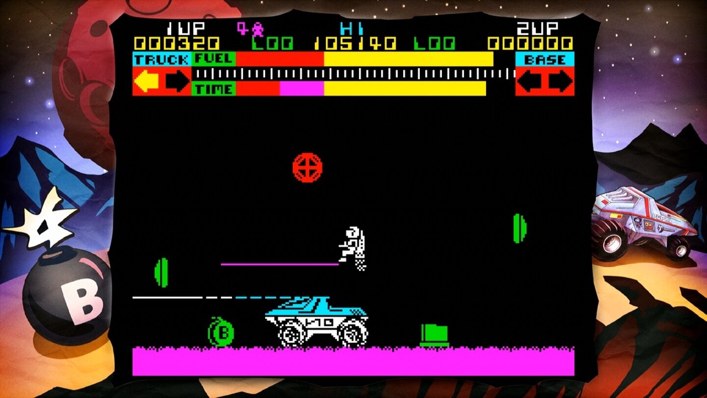 Lunar Jetman (ZX-Spectrum, 1983)
Fortsetzung zu Jetpac, in der dem Astronauten ein Fahrzeug zur Verfügung steht. Auch die Spielwelt ist größer.
Wertung: * von ***