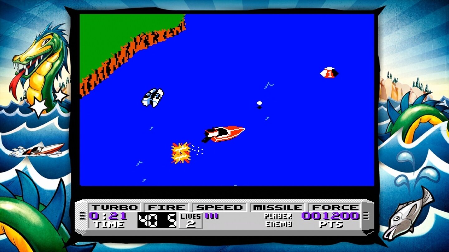 Cobra Triangle (NES, 1989)
Variation von R.C. Pro-AM mit Kanonenboot und richtigen Levels statt Rundstrecken. Die knifflige Steuerung nervt etwas.
Wertung: ** von ***