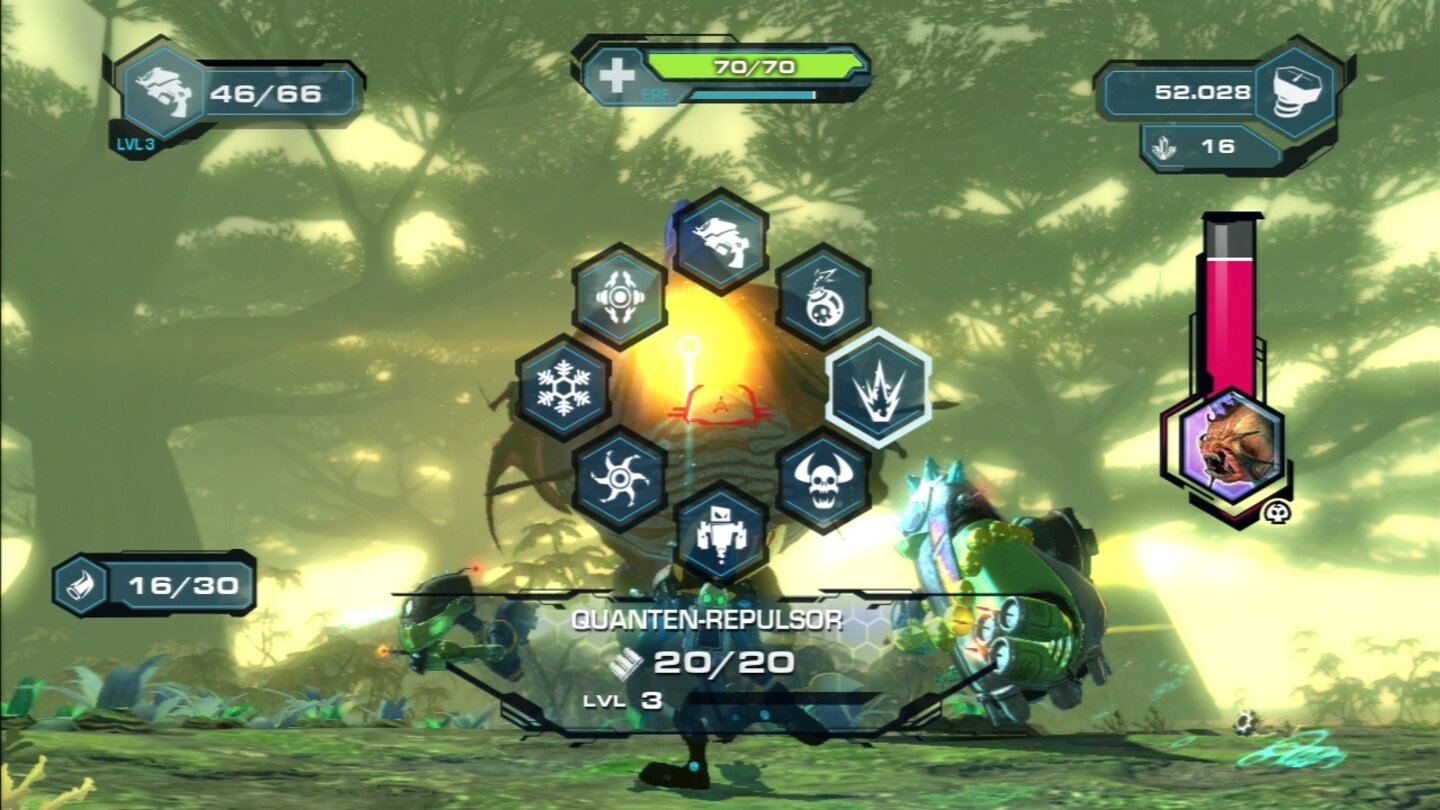 Ratchet + Clank: NexusMit dem Waffenrad wählen wir unsere liebste Knarre, wenn wir ordentlich Bolts dafür ausgeben, bekommt das sogar noch eine zweite Seite.