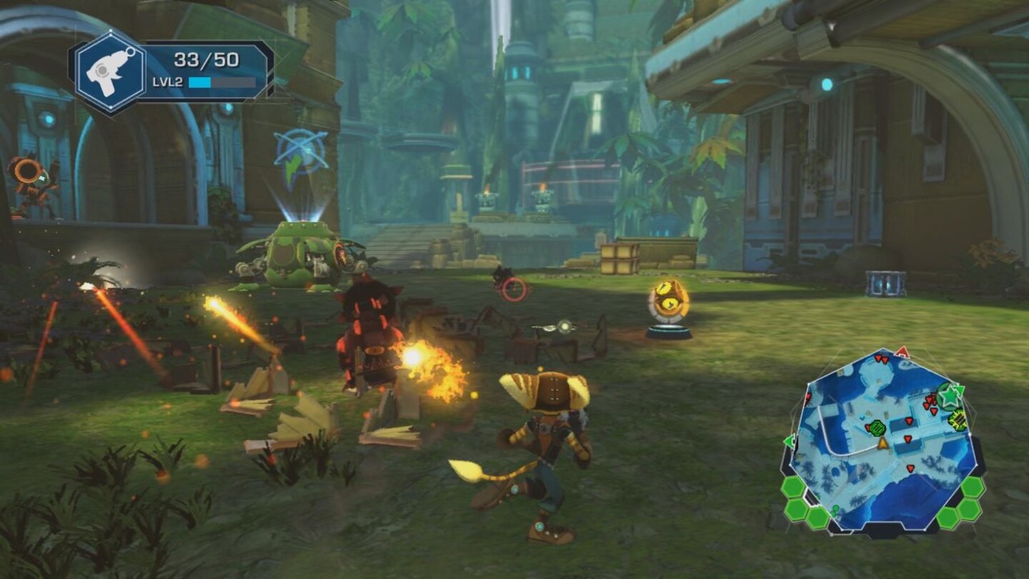 Ratchet + Clank: QForceErst mal zerstören wir Feinde und Kisten, um an die nötigen Bolts für unsere Basis zu kommen.