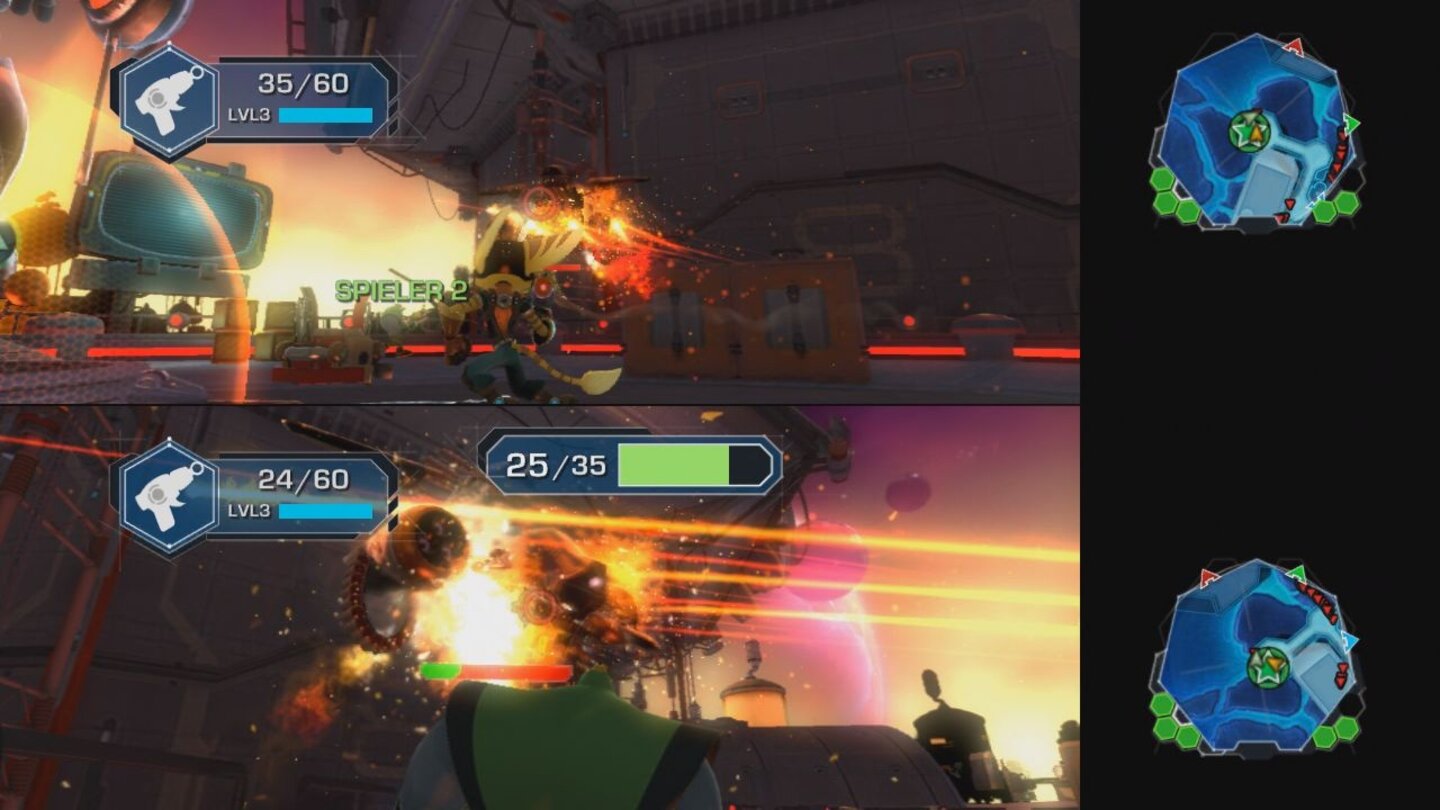 Ratchet + Clank: QForceDer geteilte Bildschirm im lokalen Koop-Modus ist eher gewöhnungsbedürftig.