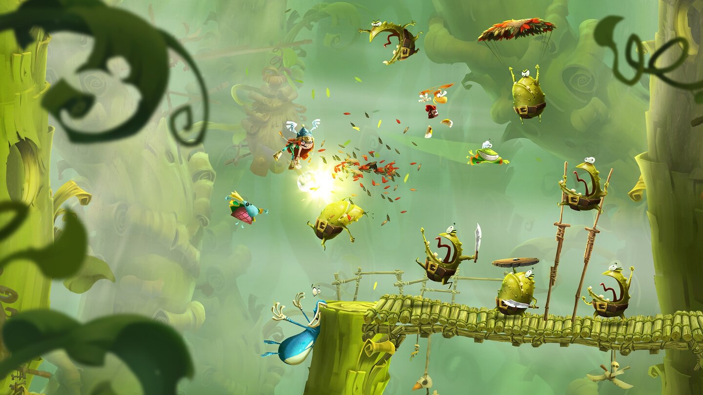 Rayman Legends
Die grünen Frosch-Wesen kriegen richtig einen auf die Mütze! In Rayman Legends rücken wir den Gegnern nämlich mit bis zu fünf Spielern zu Leibe.