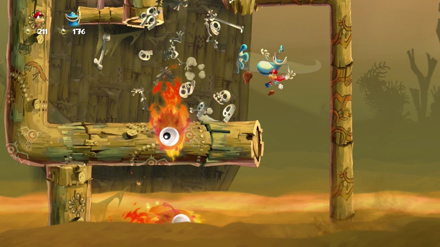 Rayman LegendsIm Mario-Kostüm prügelt sich Rayman genauso elegant wie gewohnt, nur die goldenen Münzen fehlen. [Wii U]