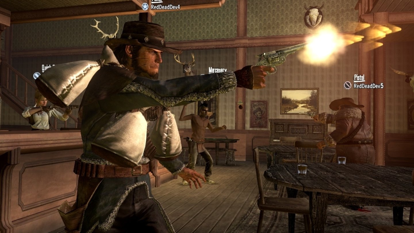 2010 – Red Dead RedemptionDen aus dem Vorgänger Red Dead Revolver bekannten Dead-Eye-Modus gibt es auch im Nachfolger Red Dead Redemption. Ist unsere Dead-Eye-Anzeige gefüllt, können wir den Modus aktivieren und das Spiel wechselt in die Zeitlupe. Hier markieren wir unsere Feinde und lösen anschließend unsere Schüsse aus.