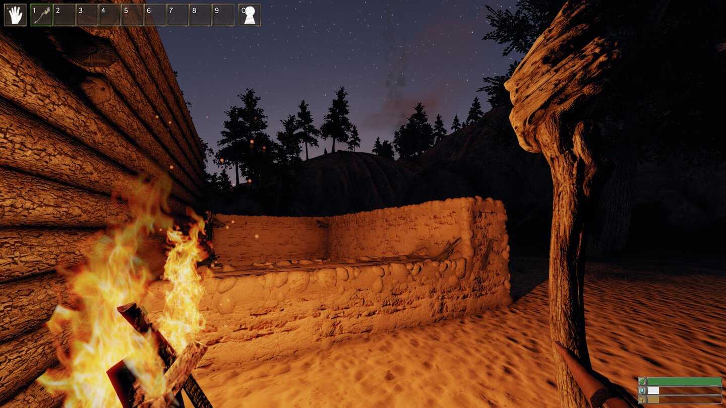 Reign of KingsNachts campen wir an einem Lagerfeuer. Damit die Glut nicht ausgeht, werfen wir immer wieder neue Scheite in die Flammen.