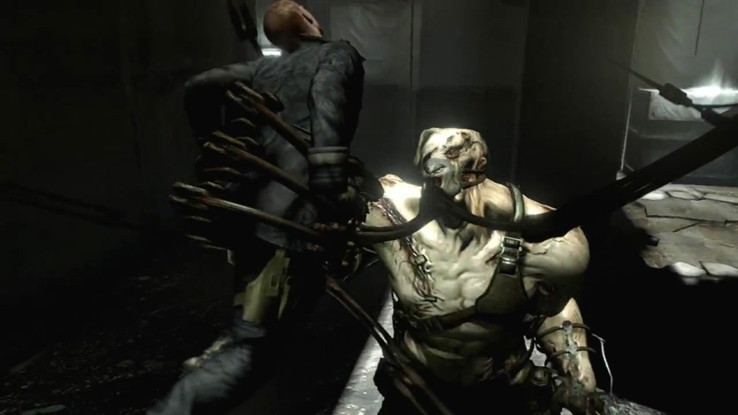 Resident Evil 6 – Trailer-AnalyseDoch der Söldner hat noch andere »Begleiter«. Dieses Riesenmonster Marke »Nemesis-trifft-Mähdrescher« jagt die beiden Helden durch triste Gassen.