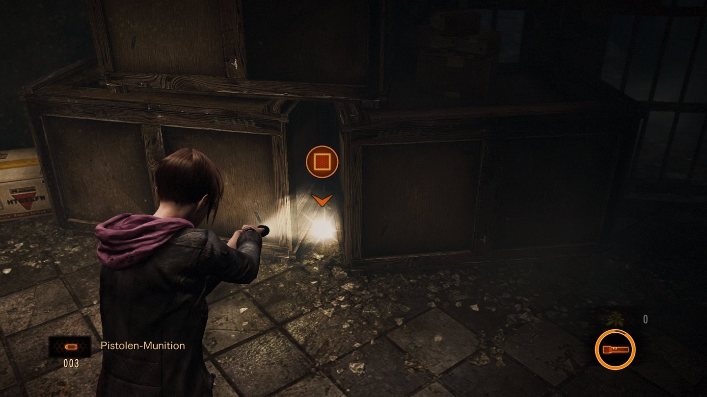 Resident Evil: Revelations 2Moira erkennt jedoch ein dezentes Blitzen. Mit ihrer Taschenlampe kann sie ein Item sichtbar machen.