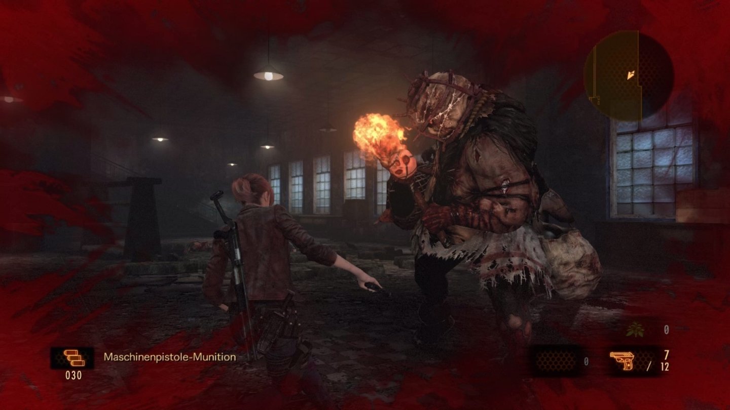 Resident Evil: Revelations 2Dieser fiese Kerl feuert mit Brandgeschossen auf die Spielhelden. Wer ihm begegnet hat hoffentlich noch Explosivwaffen übrig.