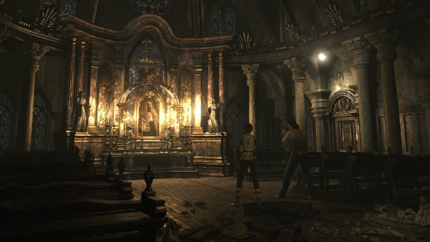 Resident Evil Zero RemasteredAuch Gotteshäuser bieten den beiden Partnern wider Willen keine Zuflucht vor den Untoten. Wir kämpfen ja nicht gegen Vampire!