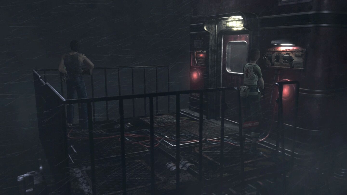 Resident Evil Zero RemasteredTeamwork: Während Billy den Schalter aktiviert, schnappt sich Rebecca den Greifhaken.