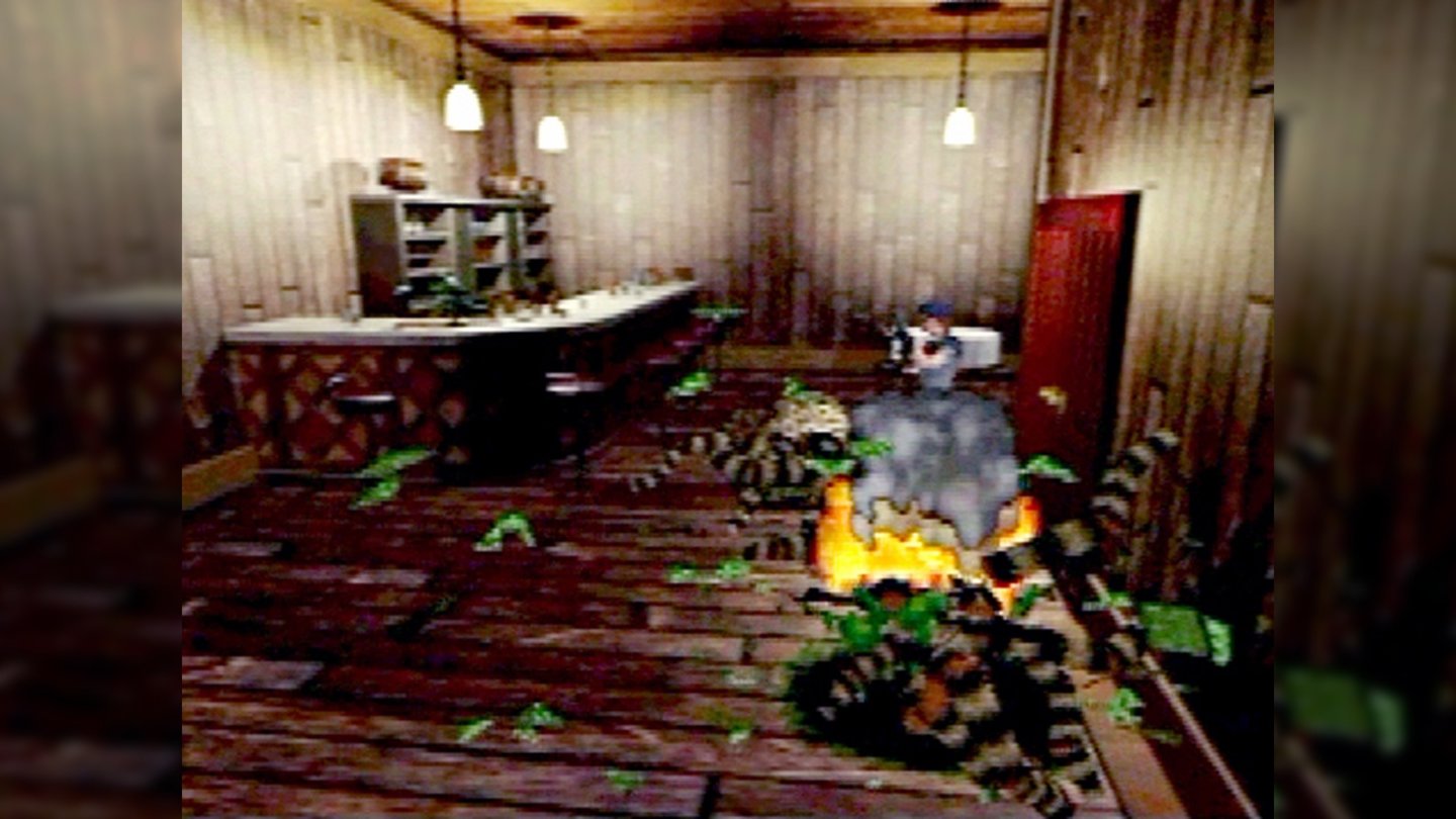 Resident Evil (PlayStation)Jill und Chris verlassen sich nicht auf herkömmliche Schädlingsbekämpfung, sondern nehmen die Riesenspinnen mit dem Granatwerfer auseinander.
