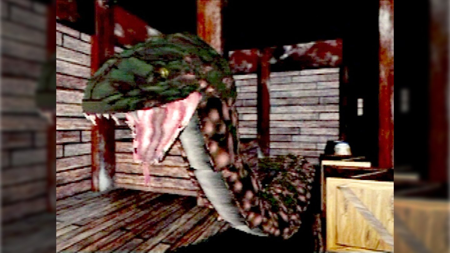 Resident Evil (PlayStation)Diese gigantische Schlange ist eines der Beispiele für den »happigen« Schwierigkeitsgrad.
Kommt man ihr zu nahe, wird man mit einem Happs verschluckt.