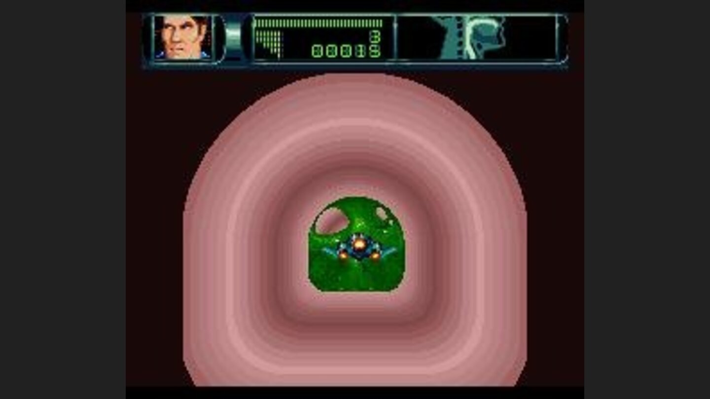 Pilot the ship through the hole in the mucous -- watch out, it rotates!