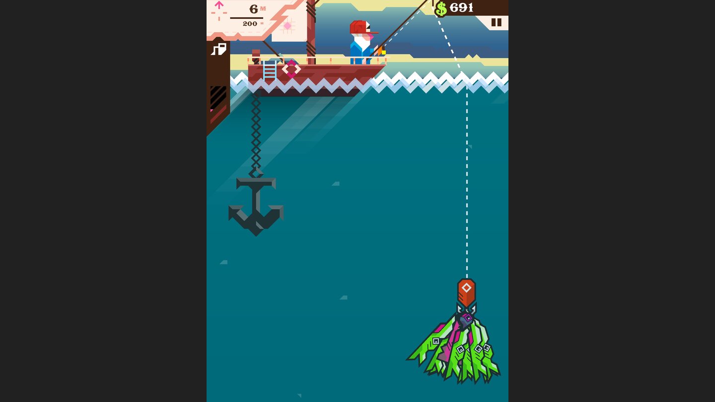 Ridiculous FishingAuf dem Weg nach oben können wir unbegrenzt Fische auf den Haken nehmen - erwischen müssen wir sie halt vorher.