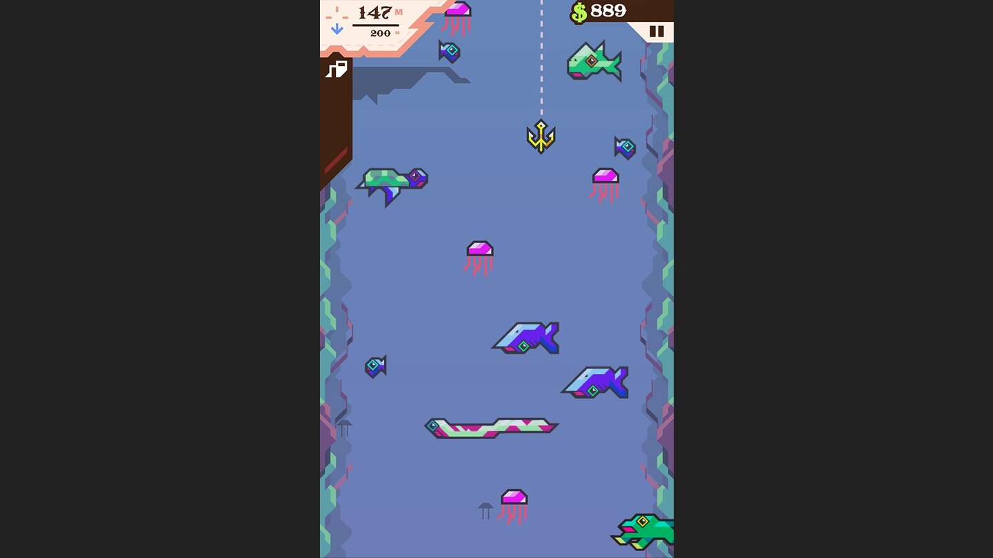 Ridiculous FishingAuf dem Weg in die Tiefe muss man zunächst Fischen ausweichen, bevor man sie auf dem Weg zurück nach oben alle einsammelt.