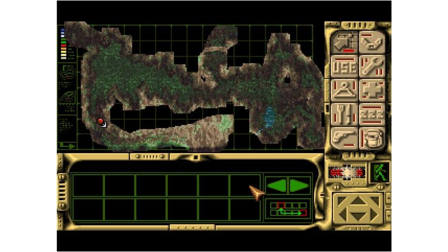 Robinson's Requiem verfügt über eine Automap-Funktion. Die Spielfigur (roter Knubbel mit Pfeil) lässt sich auch aus dieser Perspektive steuern.