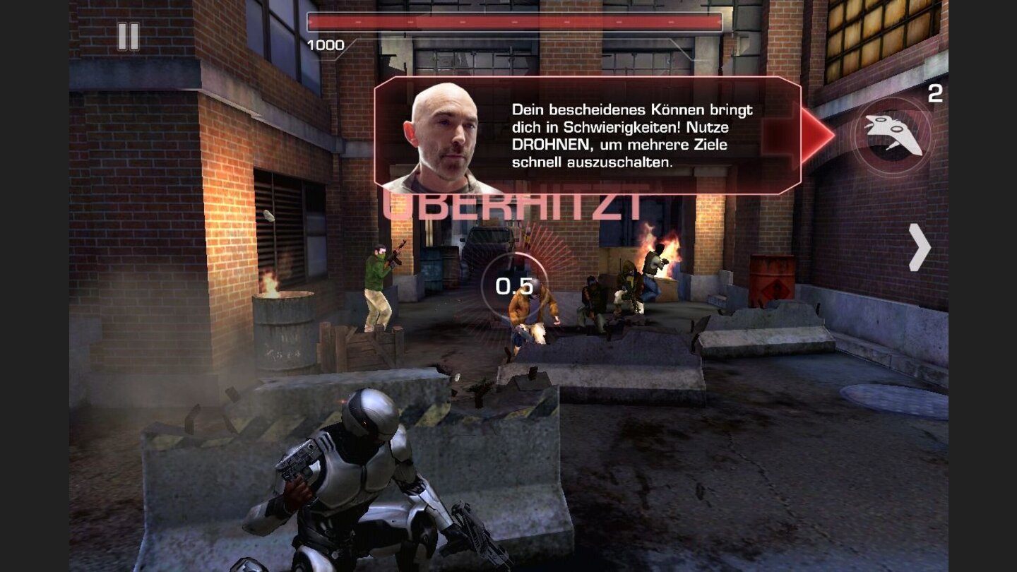 RoboCop: The Official GameZusätzlich den schon genannten Spielmechaniken kann RoboCop auch eine Anzahl an Unterstützungs-Gegenständen verwenden. Dabei ruft er etwa eine Kampfdrohne aufs Schlachtfeld, oder heilt sich mit einem Medipack.