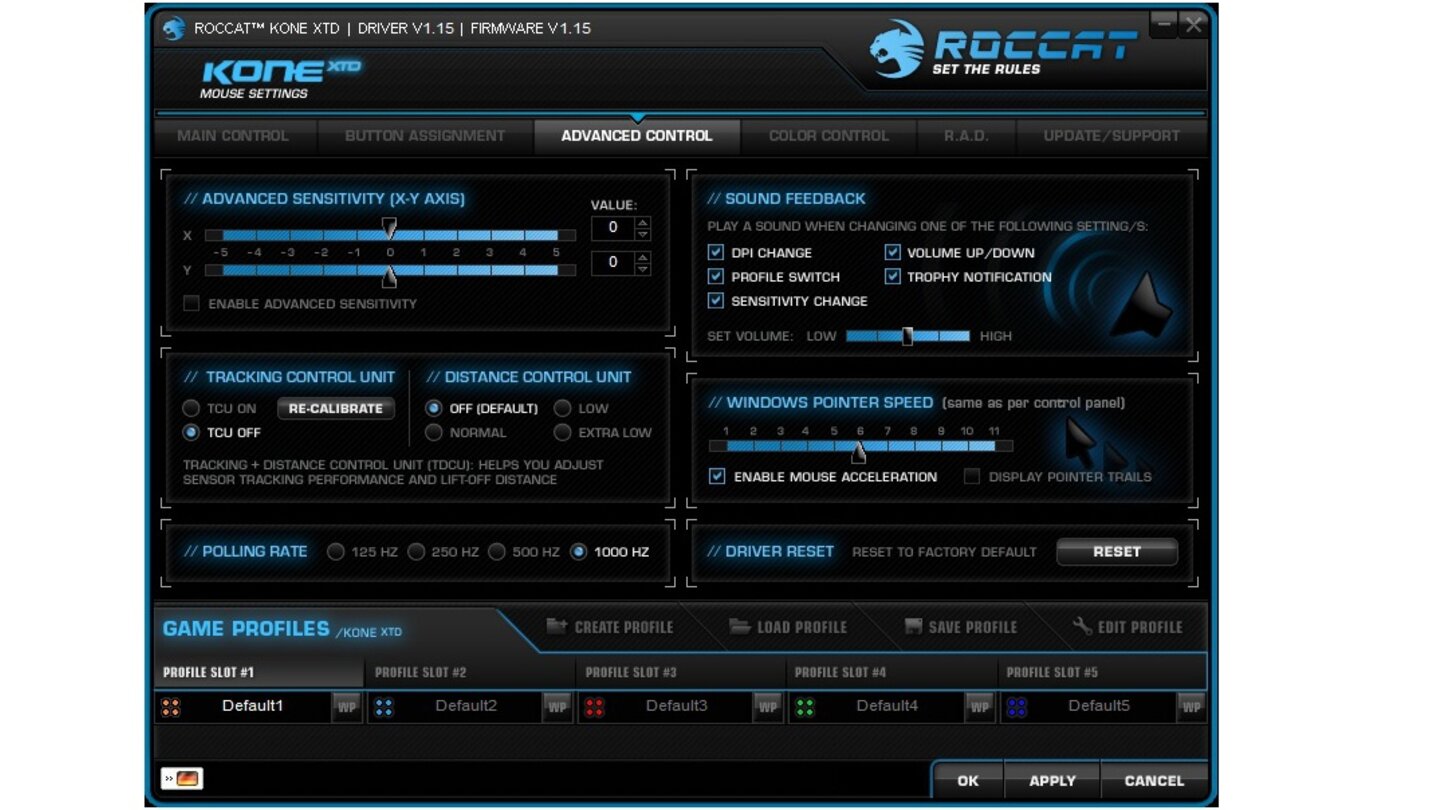 Roccat Kone XTDDie erweiterten Optionen regeln beispielsweise die Mausbeschleunigung.
