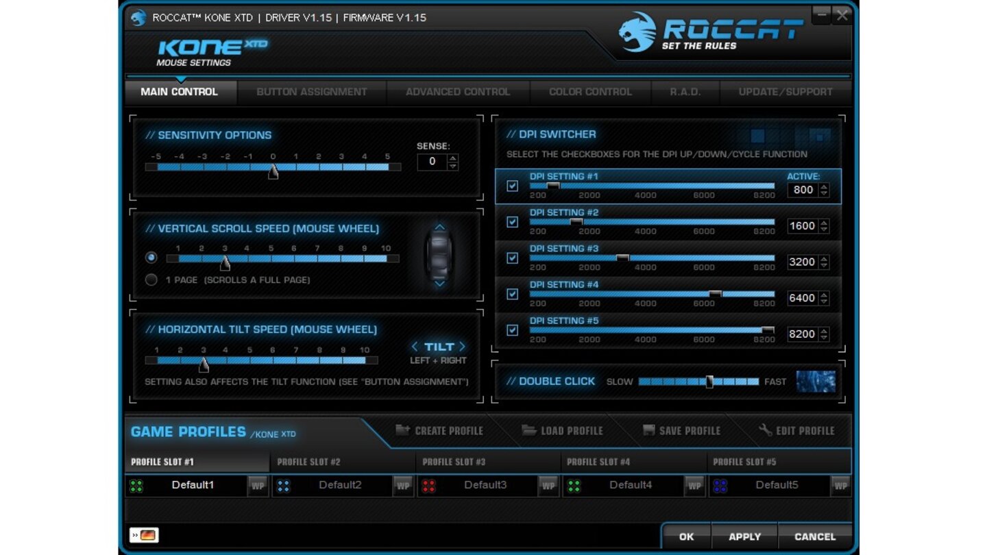 Roccat Kone XTDDas »Main Control«-Fenster ist die grundlegende Kommandozentrale des Treibers. Dort legen wir unter anderem die Abtastrate des Sensors fest.