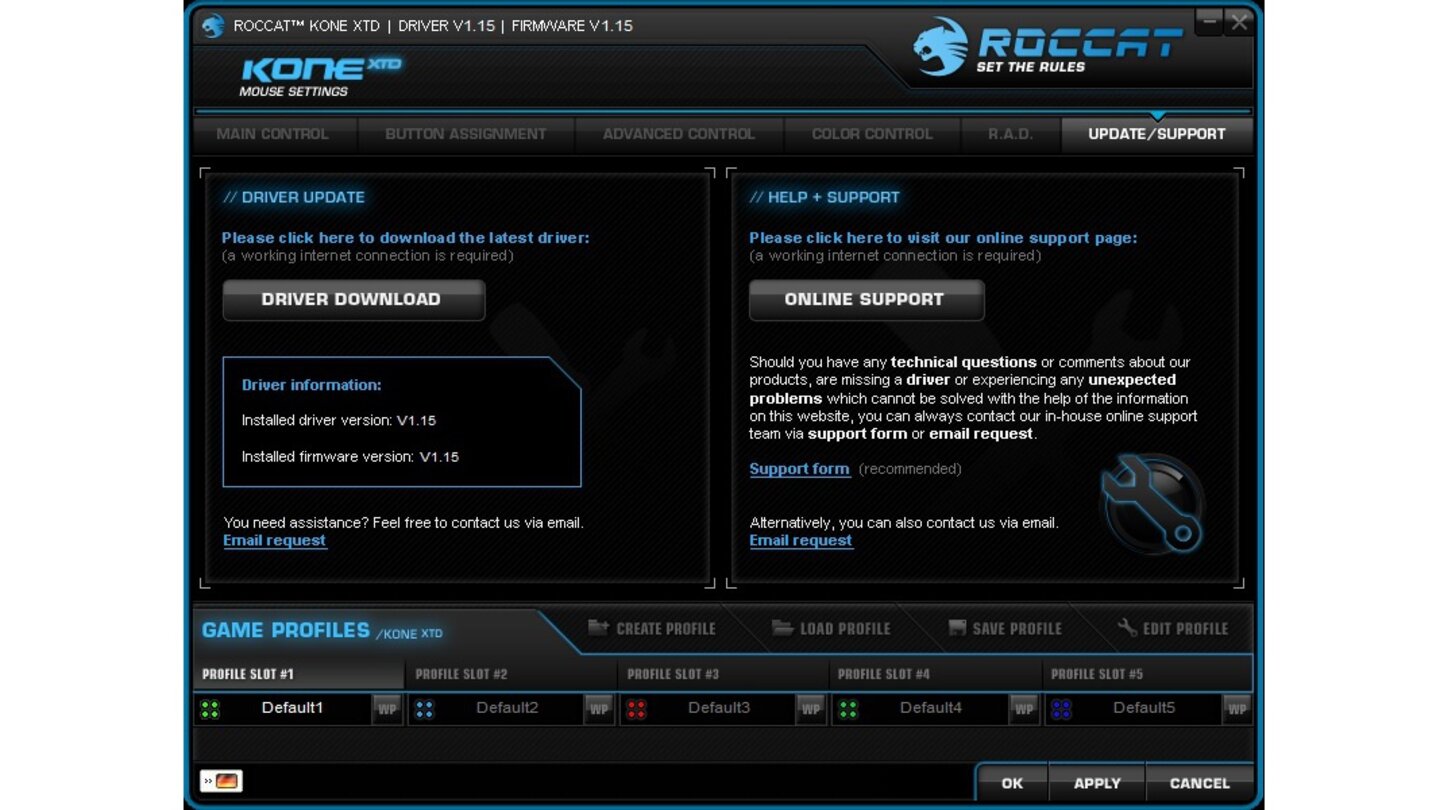 Roccat Kone XTD»Support«, hier finden wir Zugang zu aktuellen Treiberversionen und Updates, sowie die Möglichkeit den Benutzerservice zu kontaktieren.