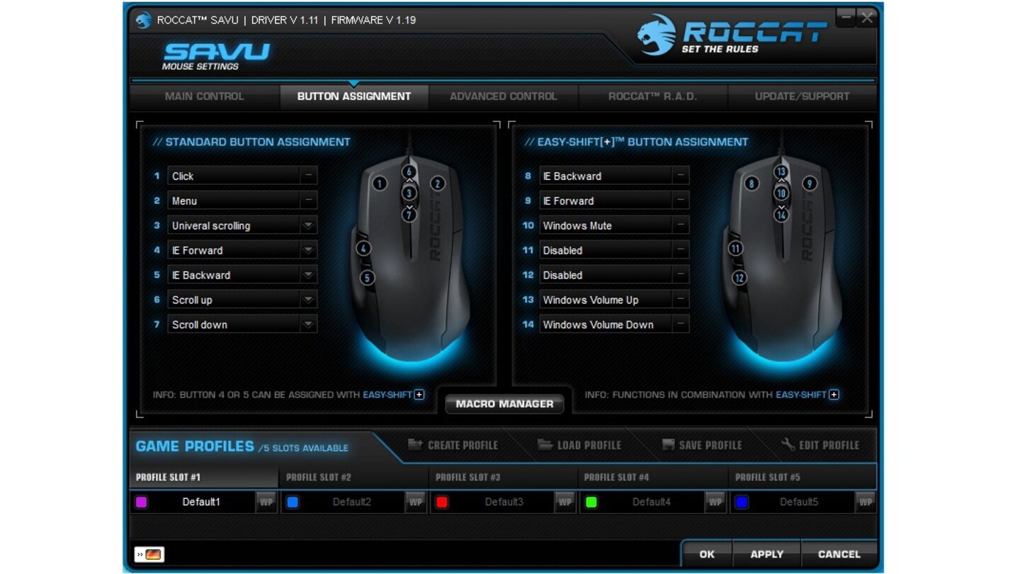 Roccat SavuDas Menü »Button Assignment« regelt die Tastenzuweisungen.