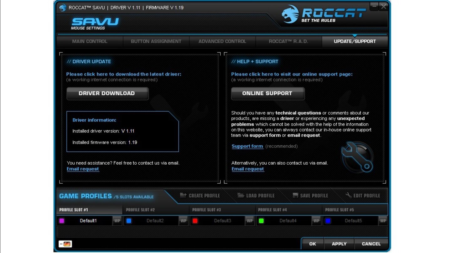 Roccat SavuAuf der »Support«-Seite finden Sie Links zum Roccat-Treiber-Update und zum Support. Auch E-Mail-Kontaktformulare sind in diesem Menü zu finden.