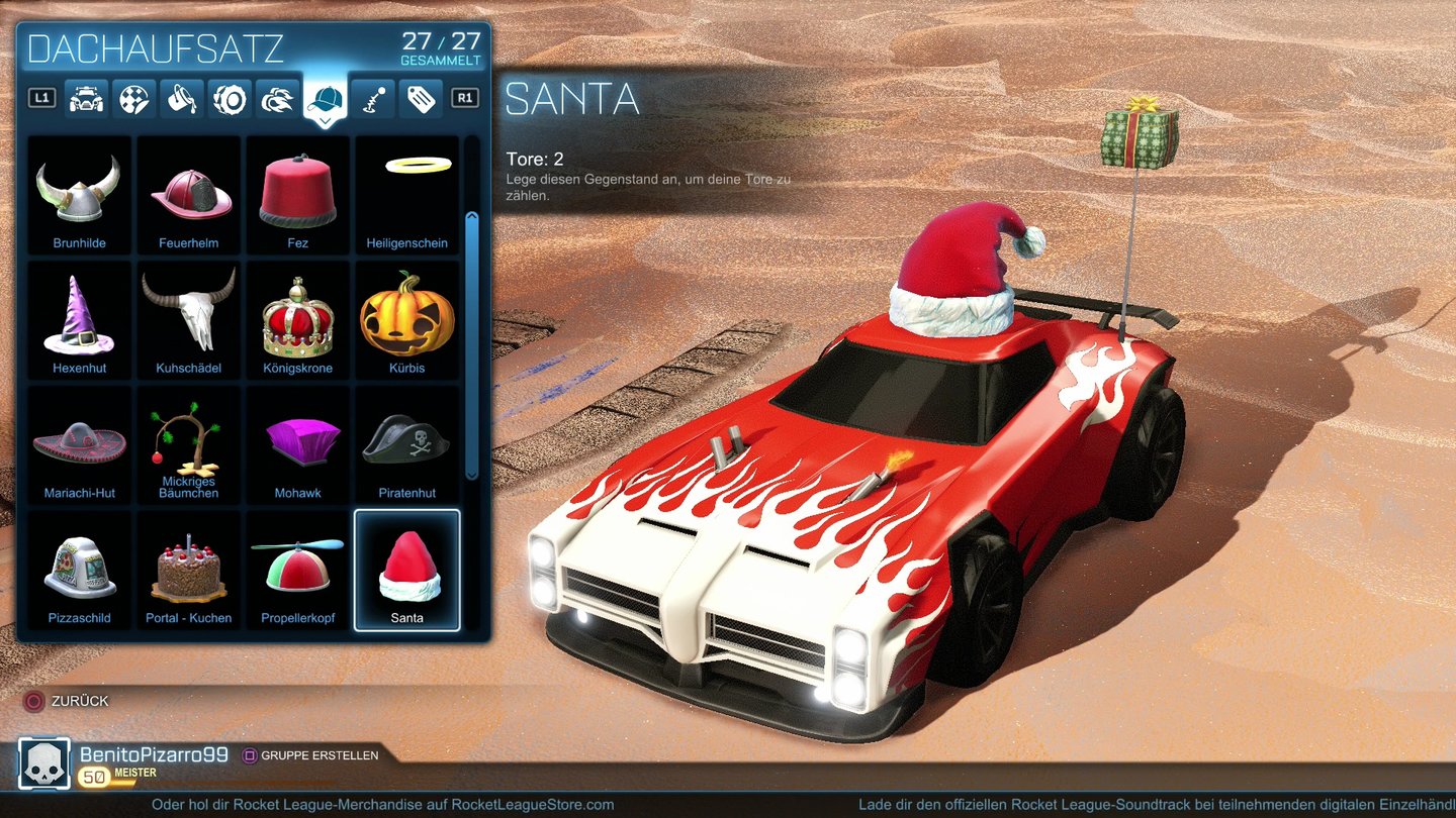Rocket LeagueDie Updates bringen neue Autos und Ausrüstung – mal kostenpflichtig, wie dieser Wagen namens »Dominus« und mal kostenlos, wie die Weihnachts-Verzierungen.