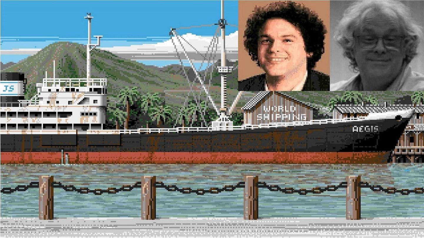 Platz 11: Die Entwickler der Handelsschiff-Simulation Ports of Call verewigten Pixelporträts von sich im Spiel. Auf diesem Bild rechts oben zu sehen: Rolf-Dieter Klein früher und heute.