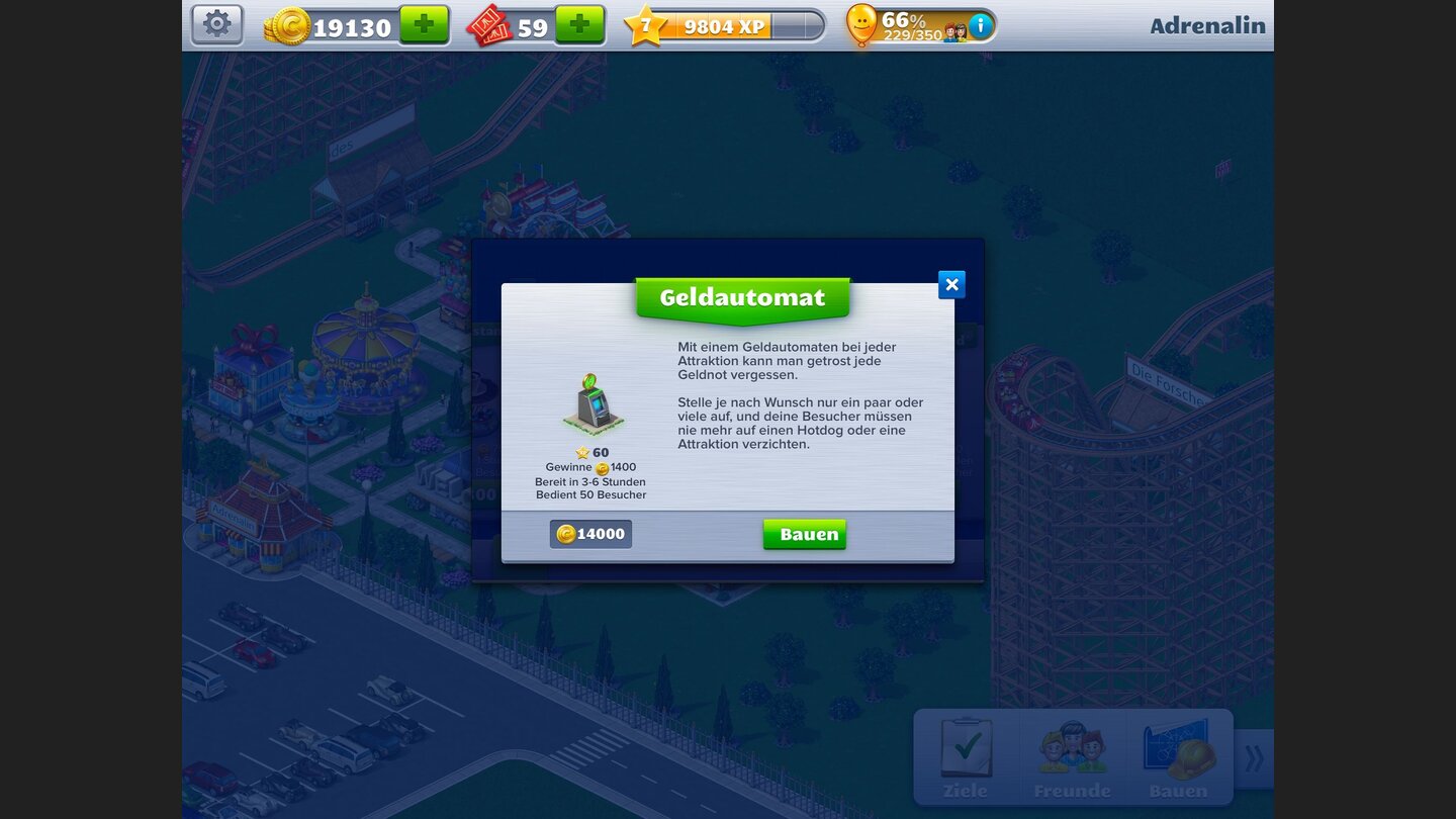 RollerCoaster Tycoon 4 MobileDie Lösung der Finanzkrise: Hier generieren wir mit einem Bankautomaten laufend Geld.