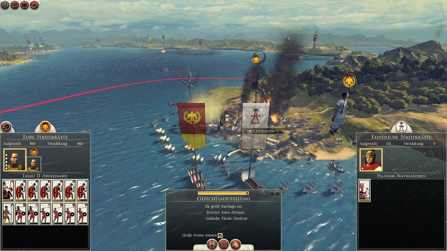 Total War: Rome 2Lilybaion, der karthagische Außenposten auf Sizilien, ist gefallen! Peinlich: Die karthagische Flotte hat nur ein einziges Schiff aufgeboten, um die Stadt zu verteidigen.