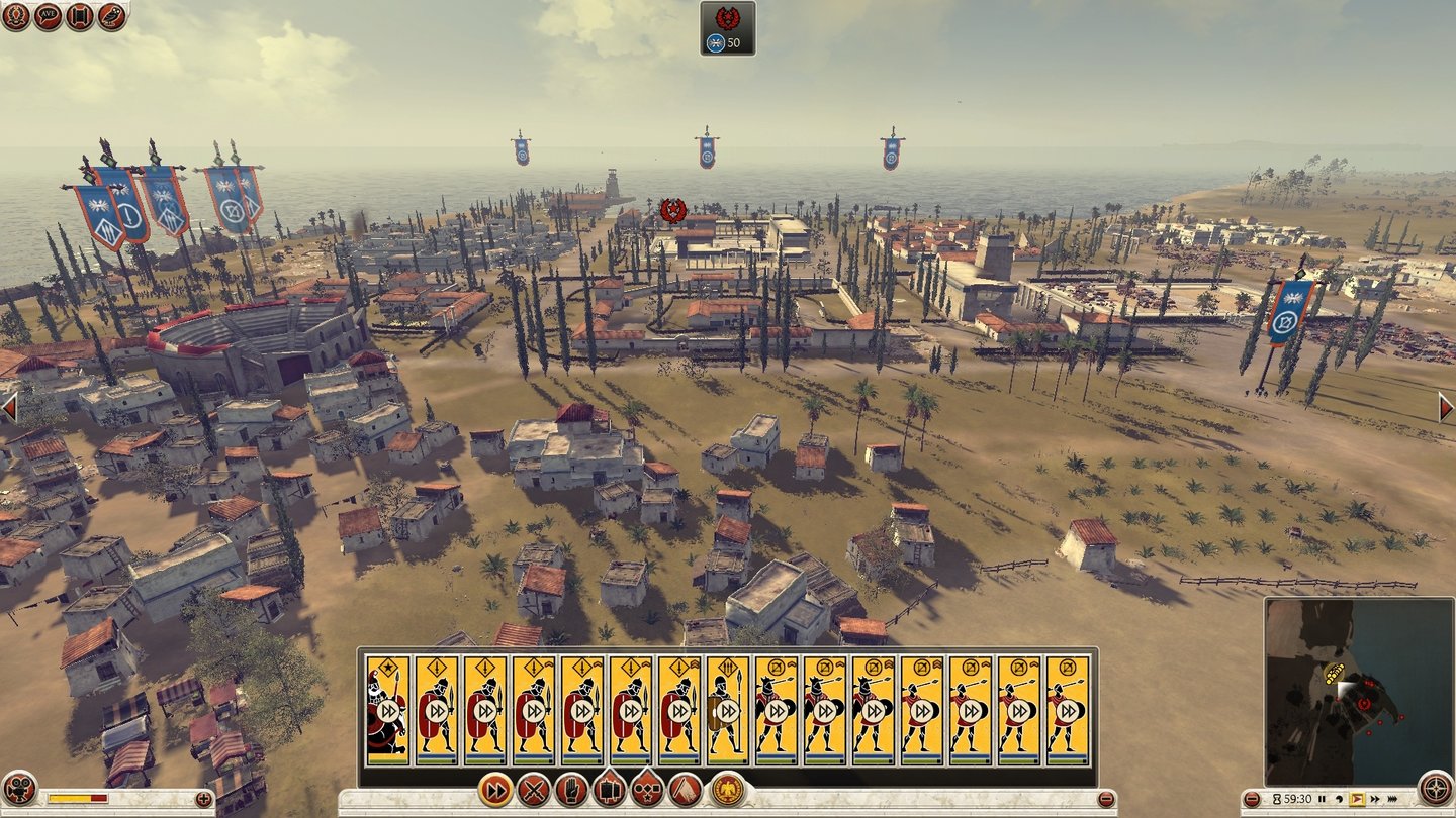 Total War: Rome 2Überblick über eine Stadt: ohne Mauern können Eindringlinge überall einfallen, müssen aber immer noch den zentralen Platz erobern.