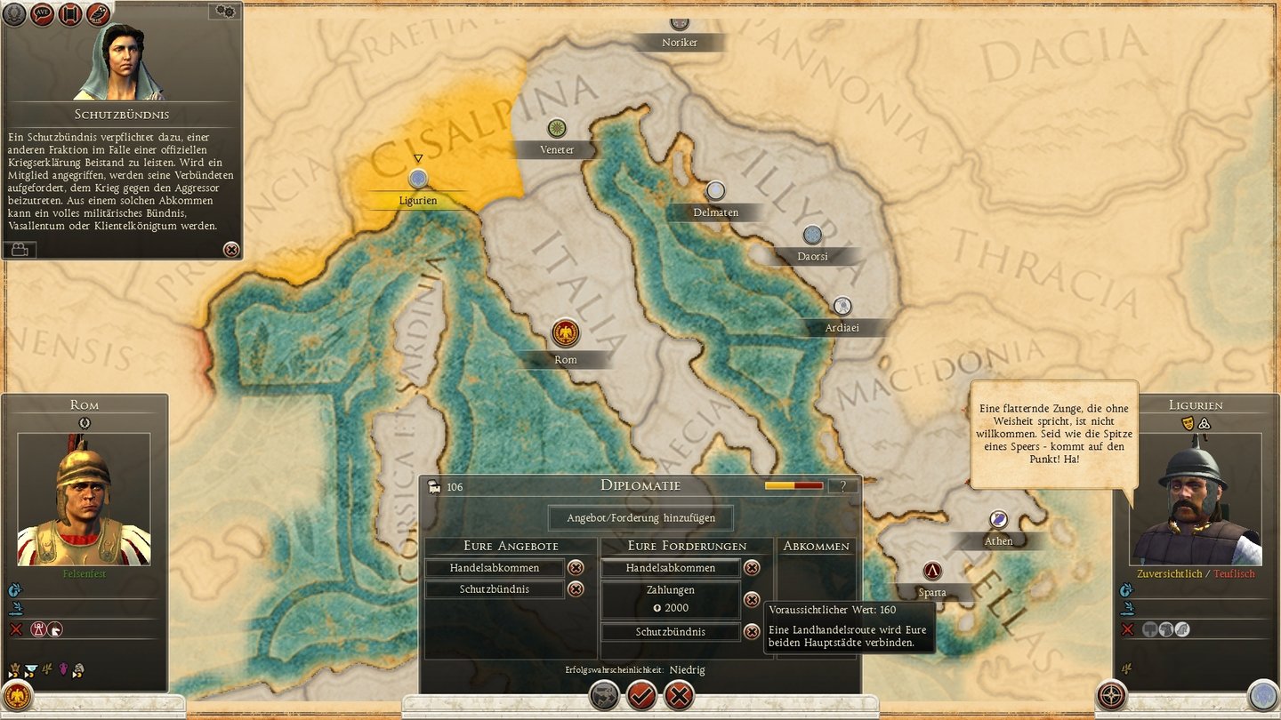 Total War: Rome 2In diplomatischen Angelegenheiten sind die KI-kontrollierten Stämme und Staaten stur wie die Maulesel.