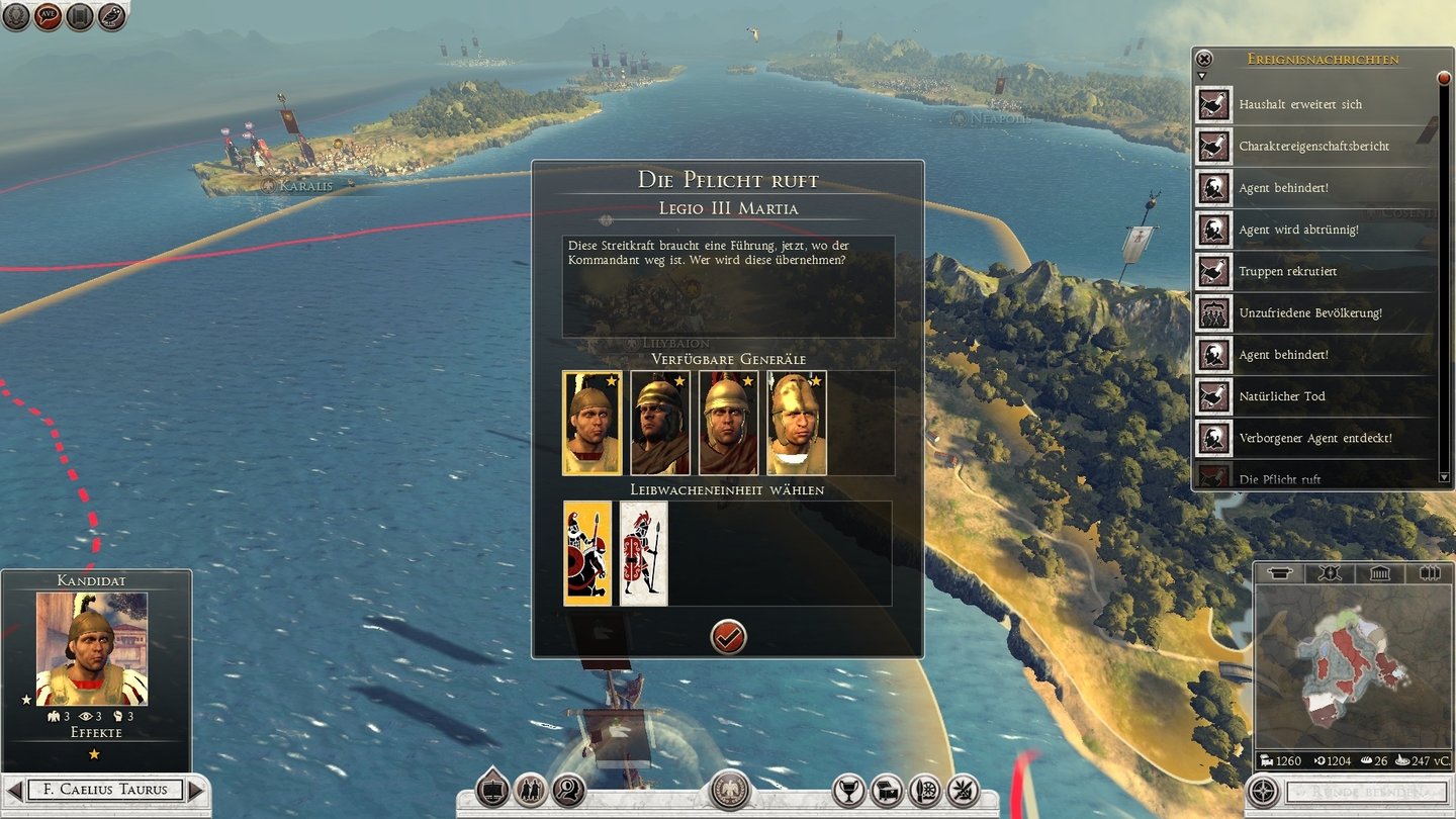 Total War: Rome 2Sollte ein Legionskommandeur das Zeitliche segnen oder in die Hauptstadt abberufen werden, schlägt das Spiel potentielle Nachfolger vor.