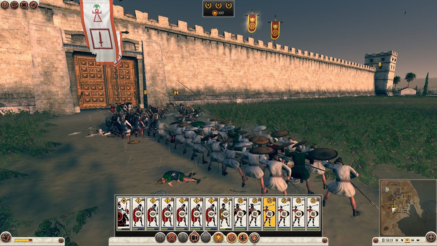 Total War: Rome 2Wenn es Wurfgeschosse hagelt, halten die Hopliten ihre Schilde schützend über sich - sogar in die Richtung, aus der der Beschuss kommt!