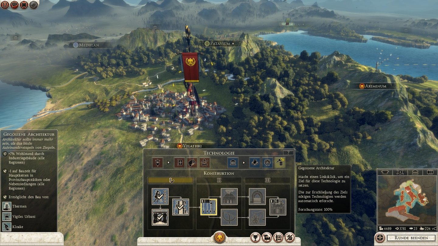 Total War: Rome 2Der Forschungsbaum unterteilt sich in zivile (blau) und militärische Forschung (rot).