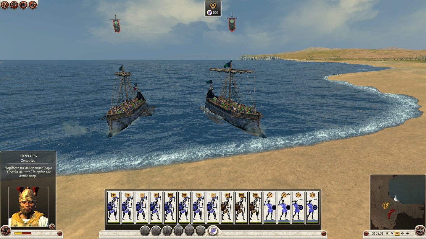 Total War: Rome 2Zwei leichte Anderthalbruderer laufen auf den Strand, um ihre Besatzungen aus Speerwerfern auszuladen.
