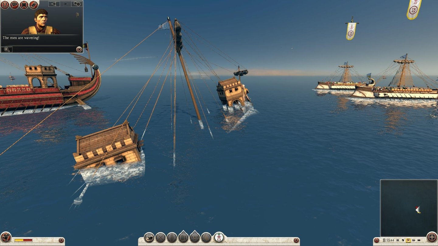 Total War: Rome 2Ein Bug oder besonders kreative Schadensbegrenzung: Unser Admiralsschiff, wie hier zu sehen deutlich versenkt, war nach der Schlacht auf der Strategiekarte zwar schwer beschädigt, aber wieder mit von der Partie.