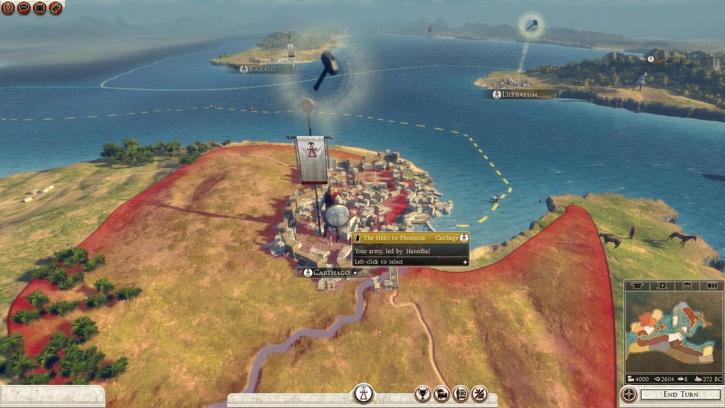 Total War: Rome 2Ein Hammer-Symbol über einer Stadt zeigt an, dass ein oder mehrere Gebäude gebaut werden können.
