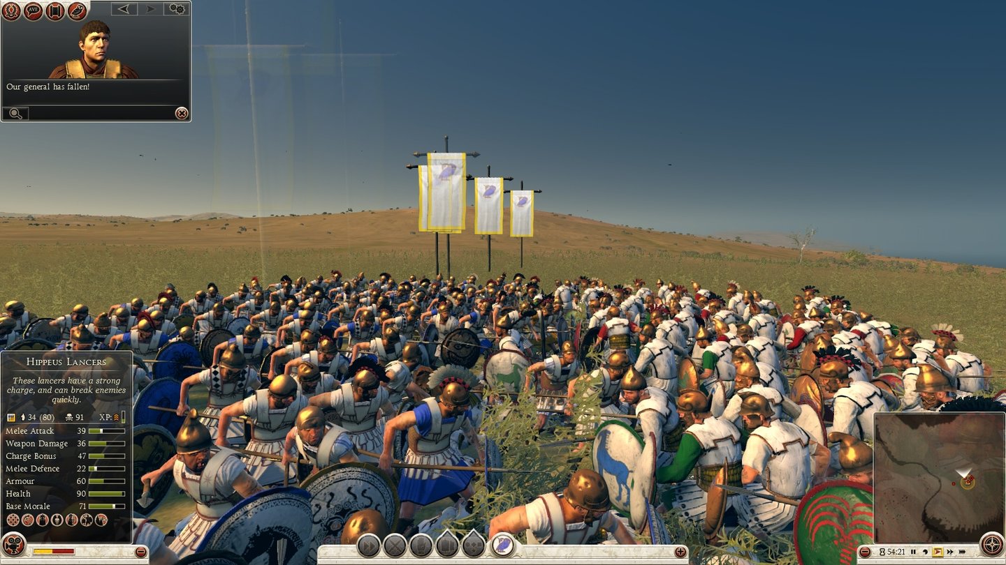 Total War: Rome 2Verlustreiches Speer-Gestochere zwischen zwei Einheiten karthagischer und athischer Hopliten. Man beachte das seltsame Grasmuster in der Bildmitte.