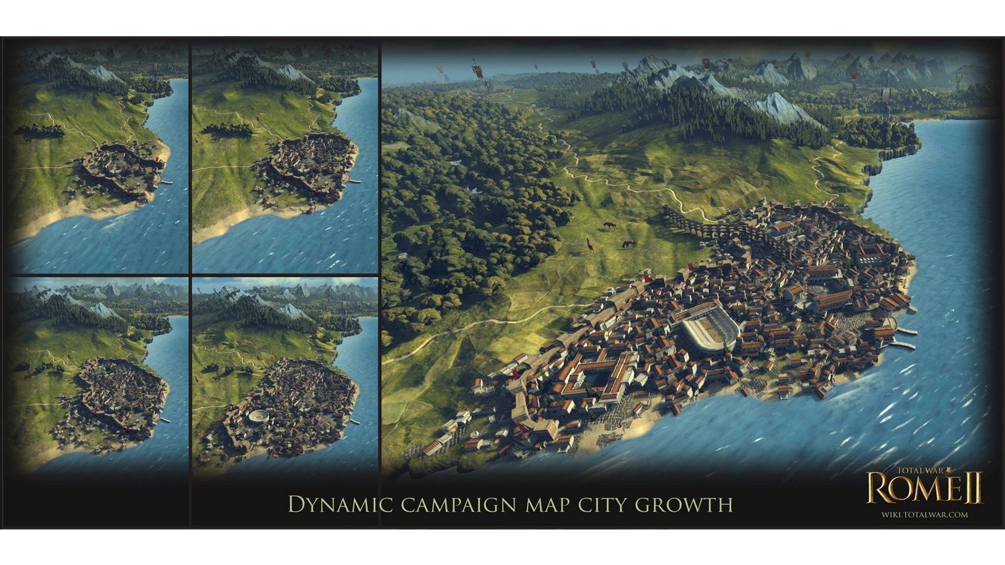 Total War: Rome 2Die Städte auf der Kampagnenkarte wachsen und breiten sich je nach Entwicklungsstufe aus.