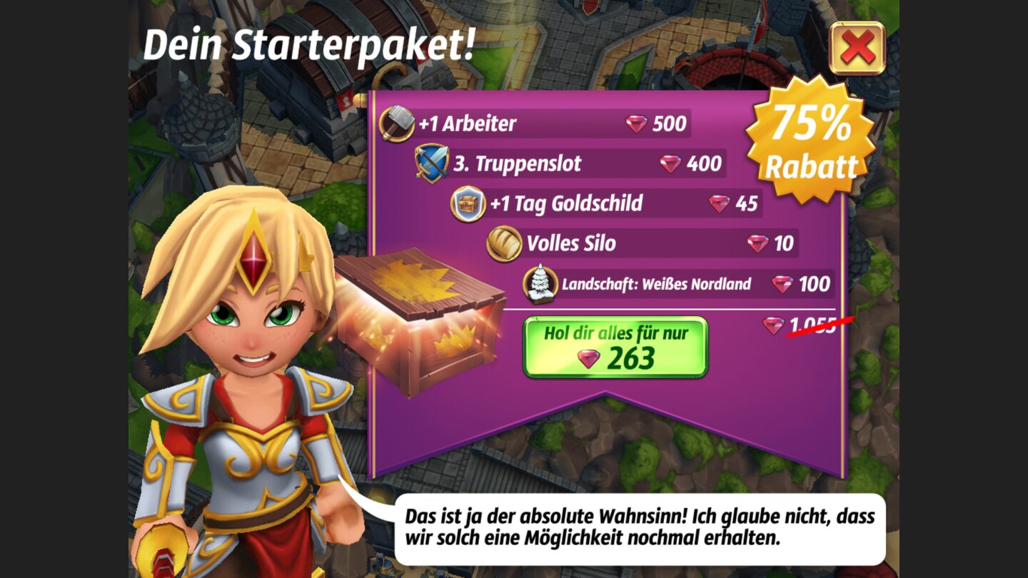 Royal Revolt 2Lockangebote: Haben wir erst einmal den Anfangsvorrat an Rubinen verbraucht und die Wartezeiten zur Kenntnis genommen, macht uns Royal Revolt 2 Angebote.