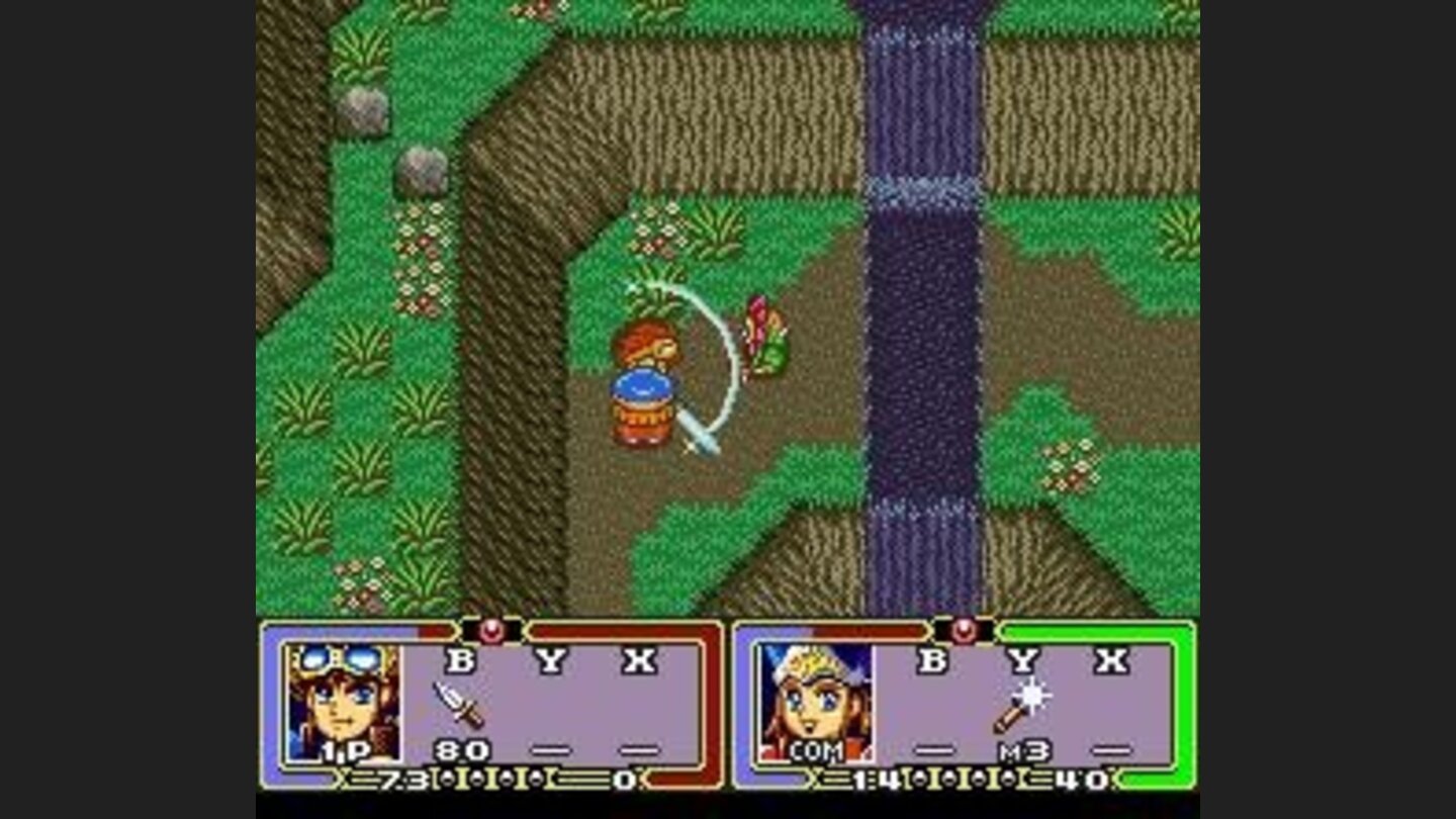 Fighting a pesky guy near a waterfall