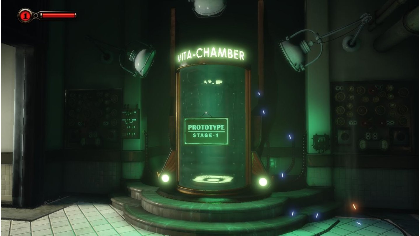 BioShock Infinite - Burial at Sea Episode 2Ein Prototyp der Vita-Chamber aus Bioshock. Stirbt man in Burial at Sea 2, wird der letzte Checkpoint geladen.
