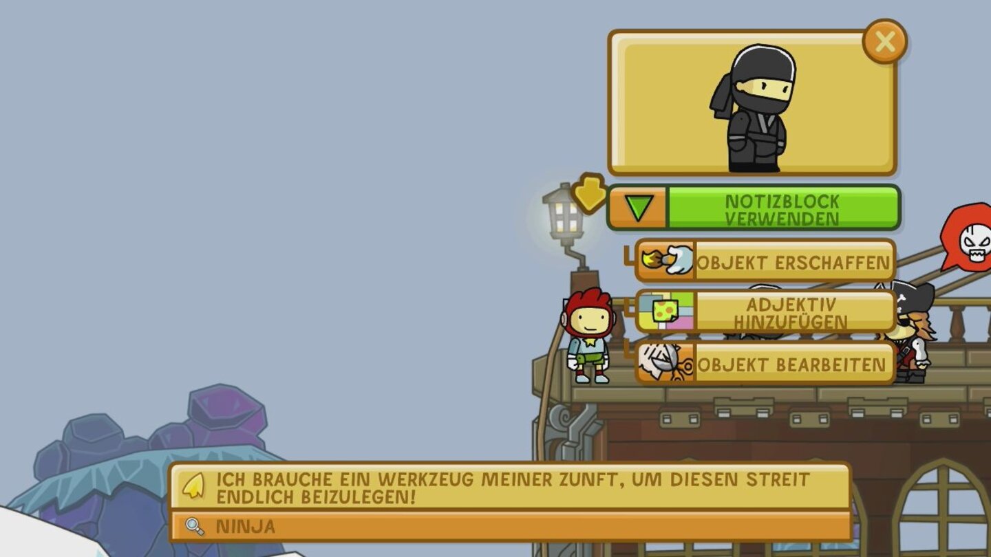 Scribblenauts UnlimitedWas die Nebencharaktere von uns wollen, erfahren wir auf Knopfdruck am unteren Bildschirmrand.